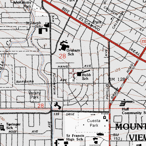 Topographic Map of Benjamin Bubb Elementary School, CA