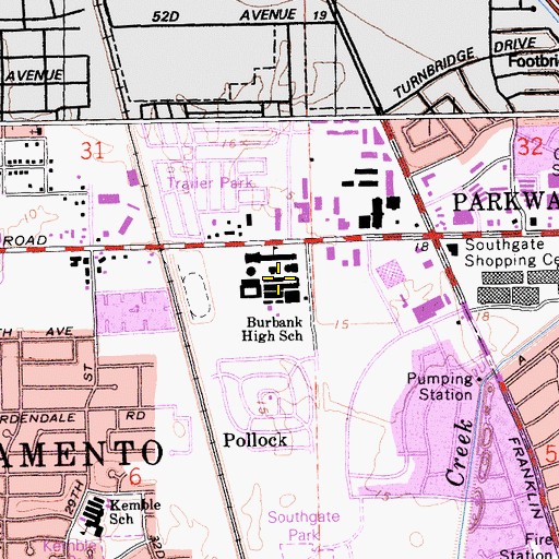 Topographic Map of Luther Burbank High School, CA
