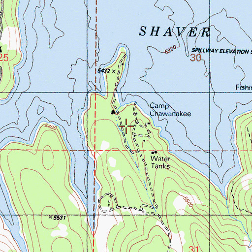 Topographic Map of Camp Chawanakee, CA