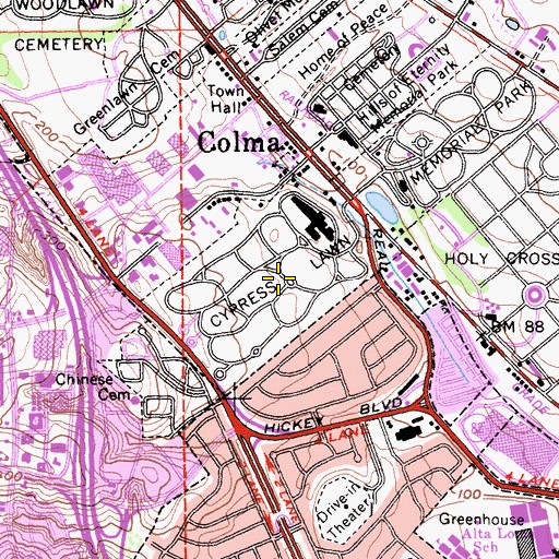 Topographic Map of Cypress Lawn Memorial Park, CA
