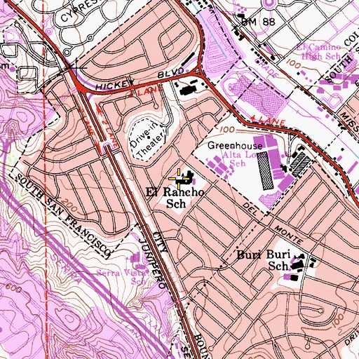 Topographic Map of El Rancho Elementary School (historical), CA