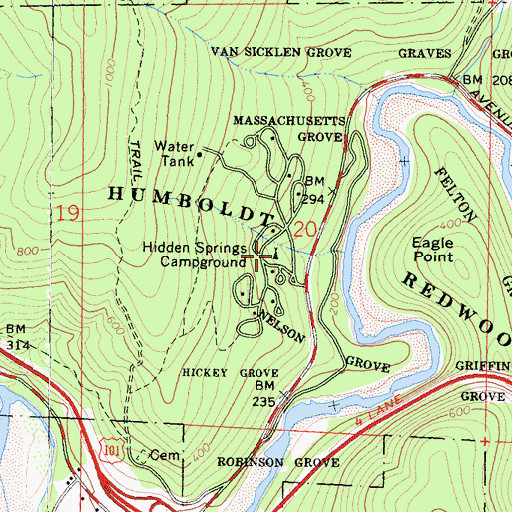 Topographic Map of Hidden Springs Campground, CA
