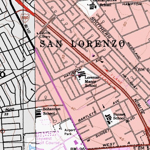 Topographic Map of Lorenzo Manor Elementary School, CA