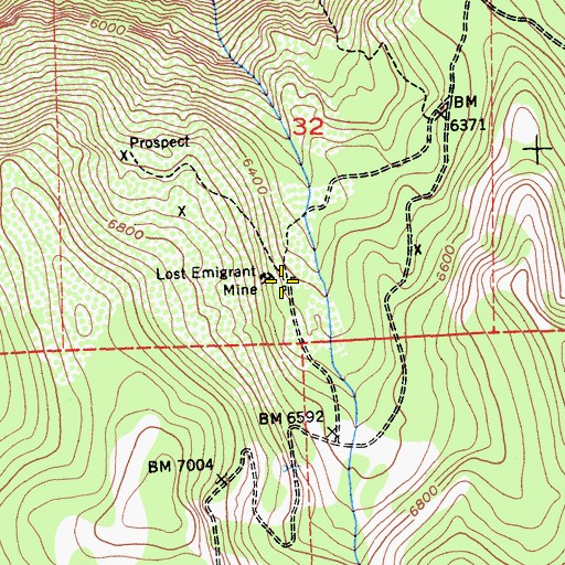 Topographic Map of Lost Emigrant Mine, CA