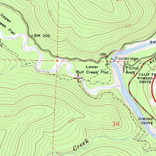 Topographic Map of Lower Bull Creek Flat, CA