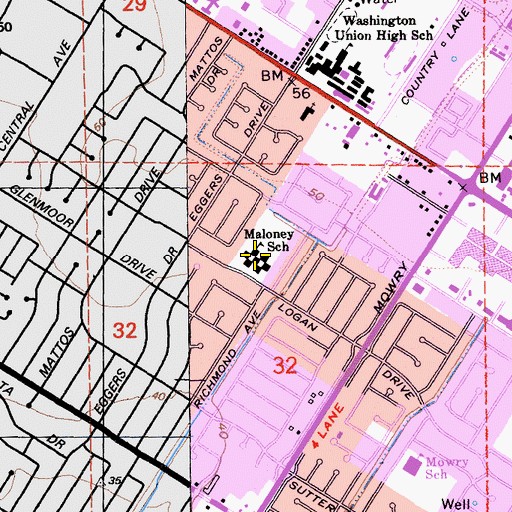 Topographic Map of Tom Maloney Elementary School, CA