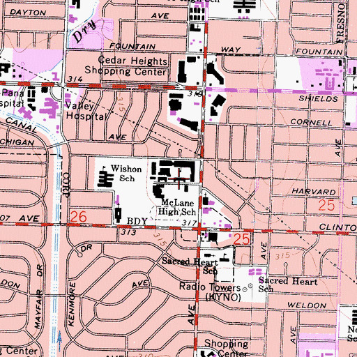 Topographic Map of McLane High School, CA
