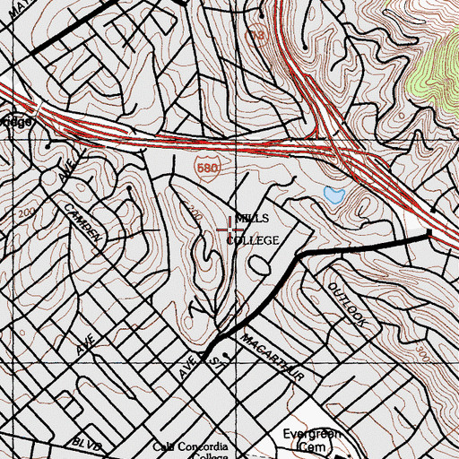 Topographic Map of Mills College, CA