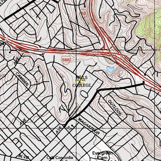 Topographic Map of Mills College, CA