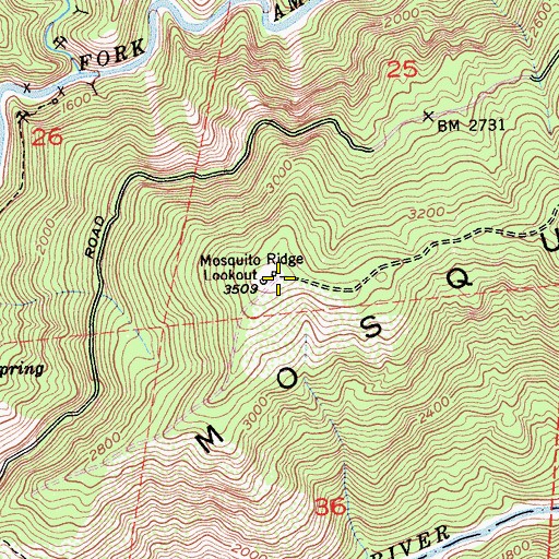 Topographic Map of Mosquito Ridge Lookout, CA