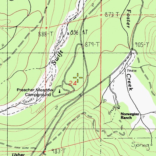 Topographic Map of Preacher Meadow Campground, CA