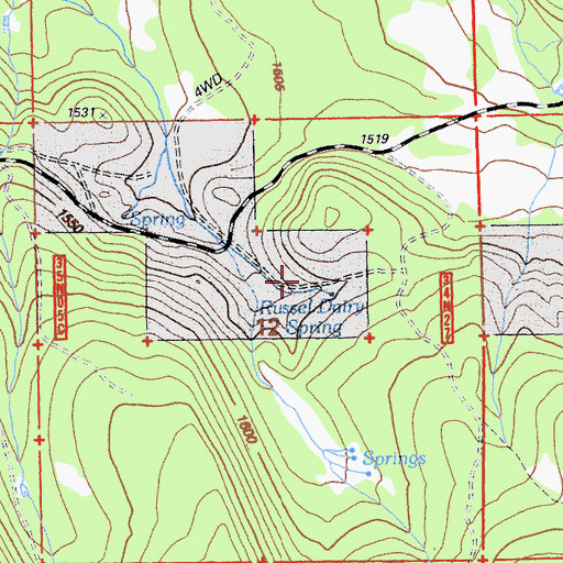Topographic Map of Russell Dairy Spring, CA
