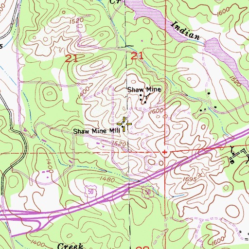 Topographic Map of Shaw Mine Mill, CA