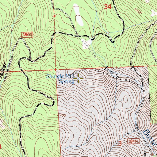 Topographic Map of Shingle Mill Spring, CA