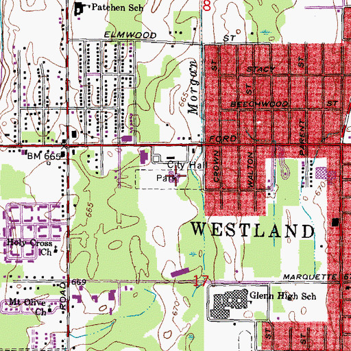 Topographic Map of Westland City Hall, MI
