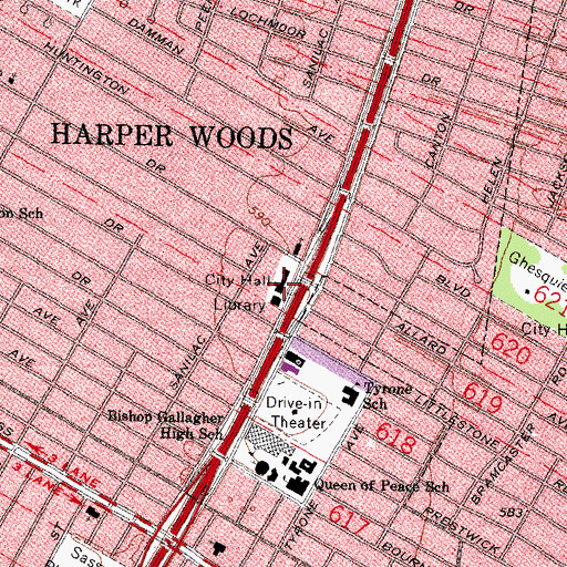Topographic Map of Harper Woods City Hall, MI