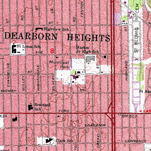 Topographic Map of Dearborn Heights City Hall, MI