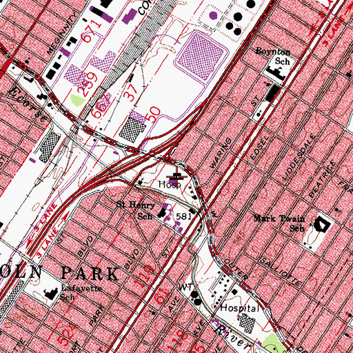 Topographic Map of Oakwood Downriver Medical Center, MI