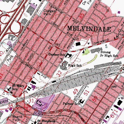 Topographic Map of Melvindale High School, MI