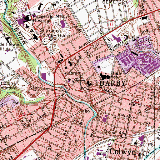 Topographic Map of Darby Borough Hall, PA
