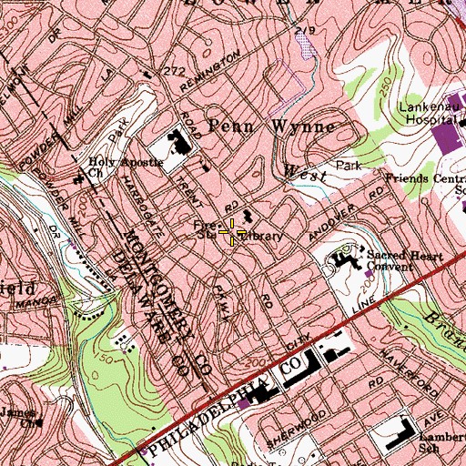 Topographic Map of Penn Wynne Lower Merion Township Library, PA