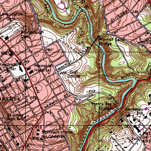Topographic Map of Walnut Lane Golf Course, PA