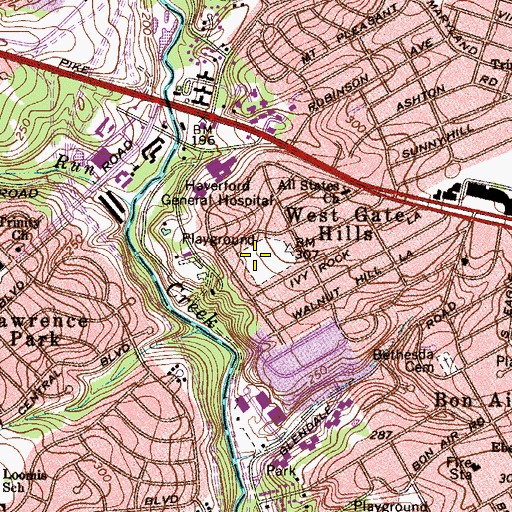 Topographic Map of Westgate Hills Park, PA