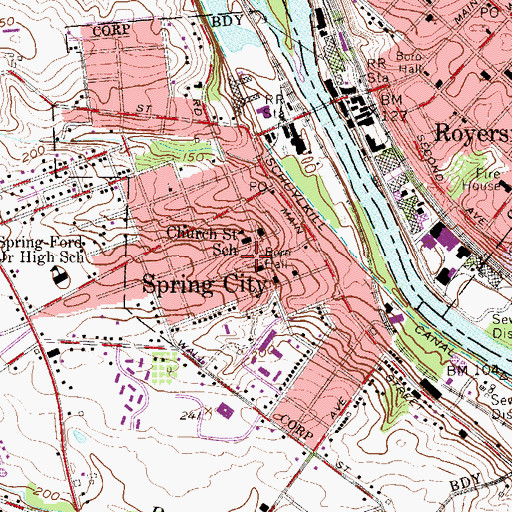 Topographic Map of Spring City Borough Hall, PA