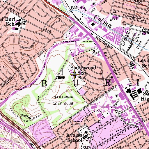 Topographic Map of South San Francisco Adult School, CA