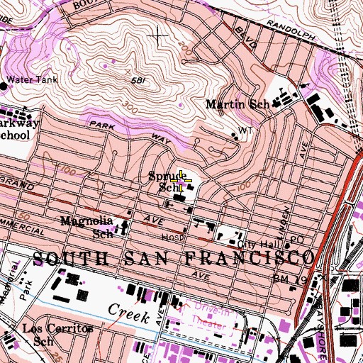 Topographic Map of Spruce Elementary School, CA