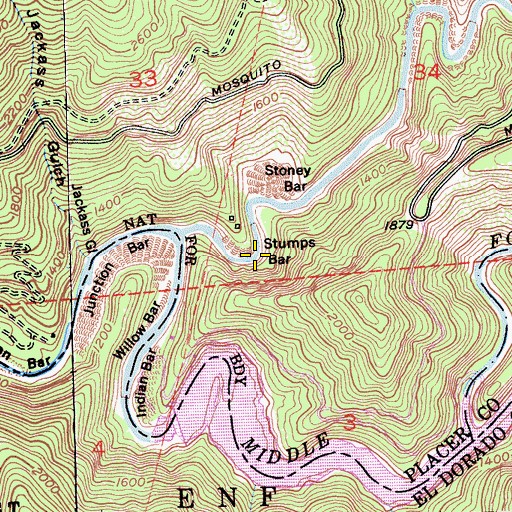 Topographic Map of Stumps Bar, CA