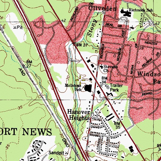 Topographic Map of Richneck Center Shopping Center, VA