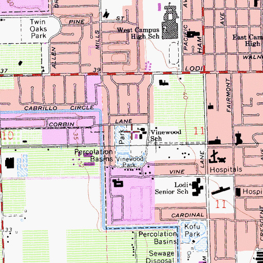 Topographic Map of Vinewood Elementary School, CA