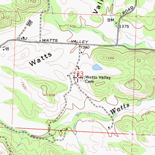 Topographic Map of Watts Valley Cemetery, CA