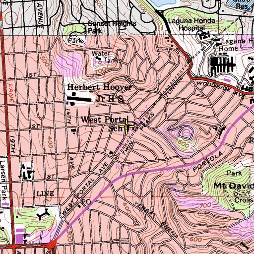 Topographic Map of West Portal Elementary School, CA