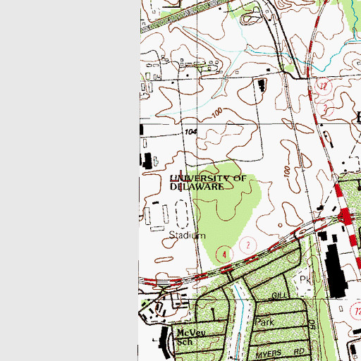 Topographic Map of University of Delaware Bob Hannah Stadium, DE