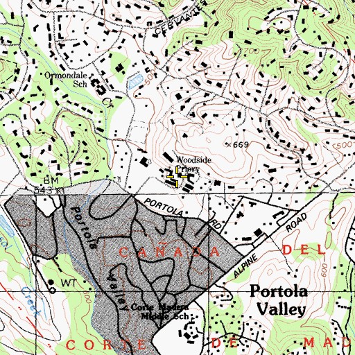 Topographic Map of Woodside Priory, CA