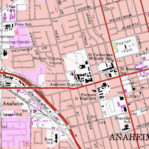 Topographic Map of Anaheim High School, CA