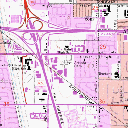 Topographic Map of Artesia Cemetery, CA