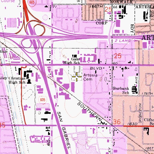 Topographic Map of Artesia Cemetery, CA