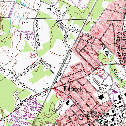 Topographic Map of Ettrick Census Designated Place, VA