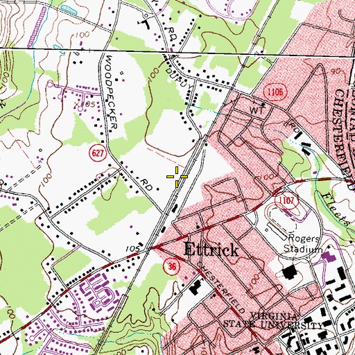Topographic Map of Ettrick Census Designated Place, VA