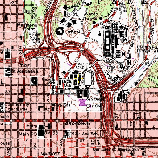 Topographic Map of Balboa Stadium, CA