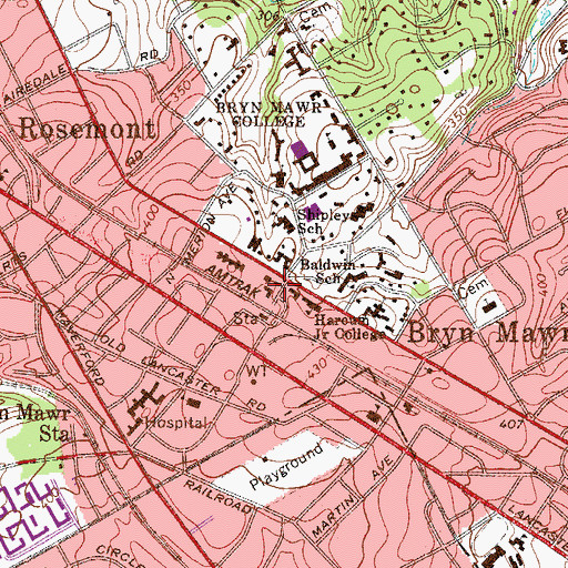 Topographic Map of Bryn Mawr Census Designated Place, PA