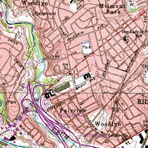 Topographic Map of Woodlyn Census Designated Place, PA