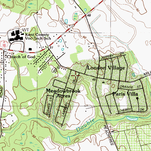 Topographic Map of Woodside East Census Designated Place, DE
