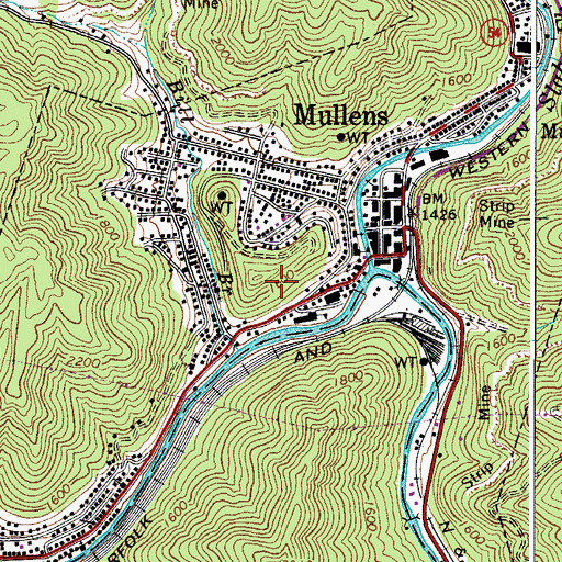Topographic Map of City of Mullens, WV