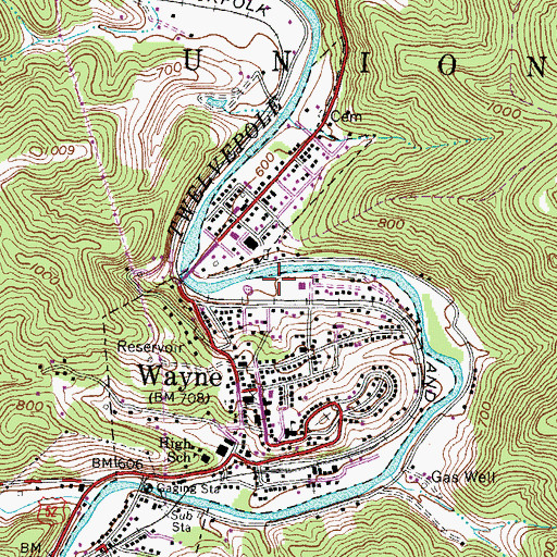 Topographic Map of Town of Wayne, WV