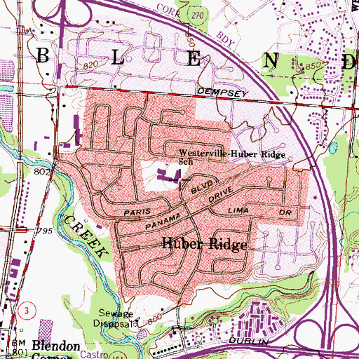 Topographic Map of Huber Ridge Census Designated Place, OH