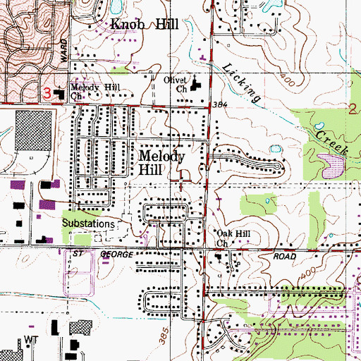 Topographic Map of Melody Hill Census Designated Place, IN
